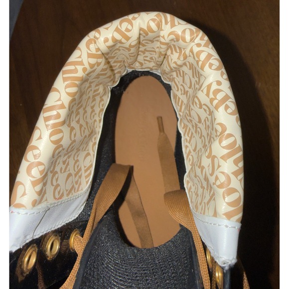 See By Chloe Luxury Black Glossy Logo Rain Boots Lace Up Combat Booties Size 8 - Picture 14 of 16